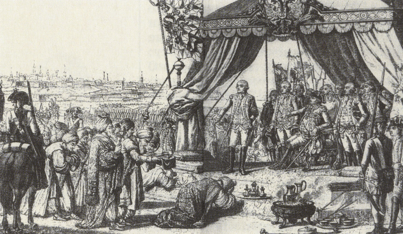 Гравюра Генриха Шютца «Сдача турками крепости Бендеры князю Потемкину-Таврическому 4 ноября(по старому стилю) 1789 года».