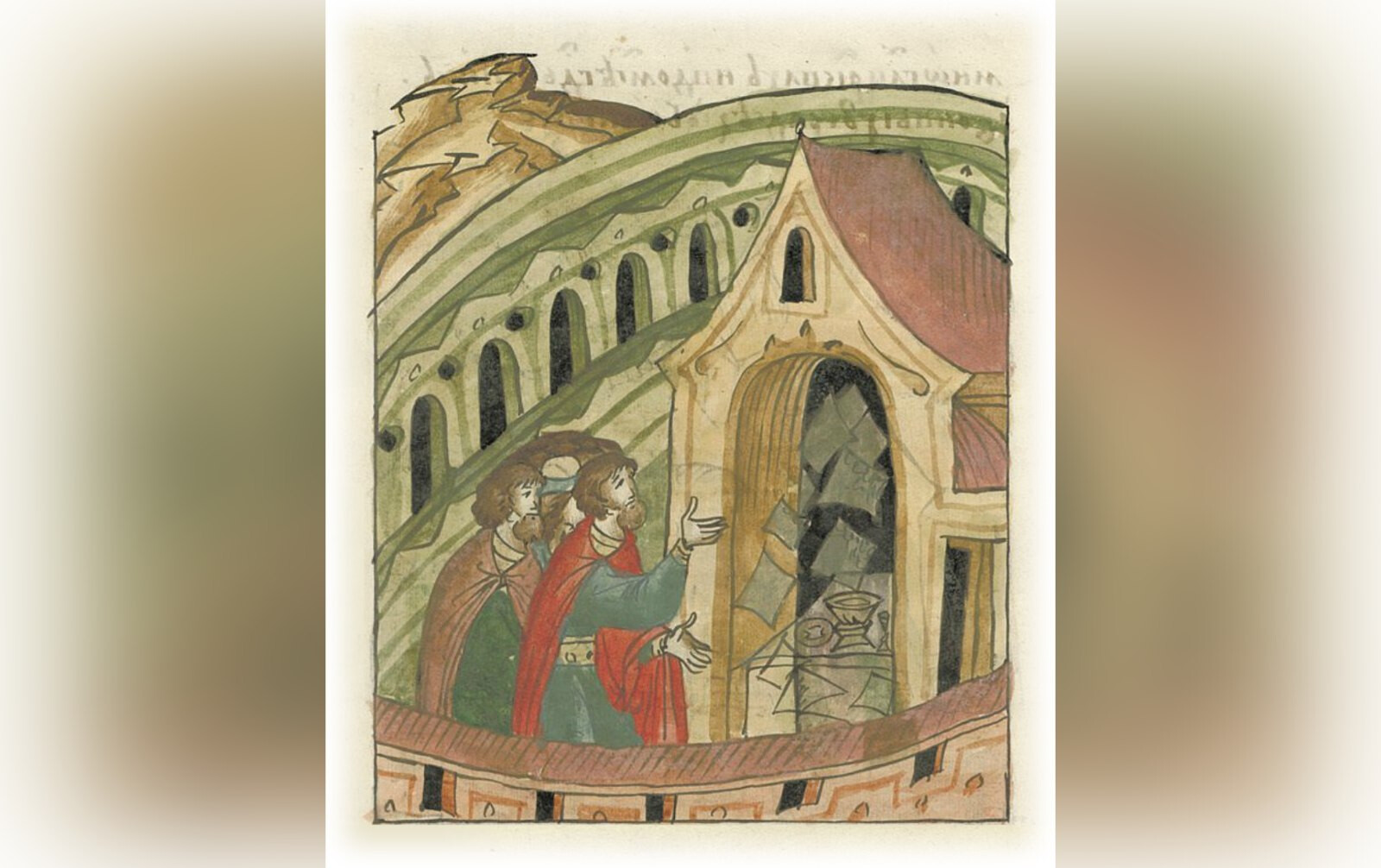 Разрушение церкви Святого Михаила в Переяславле Русском. Землетрясение 1230 года. Миниатюра из Лицевого летописного свода Ивана Грозного